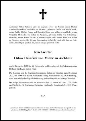 Traueranzeige von Reichsritter Oskar Heinrich von Miller zu Aichholz