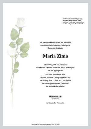 Traueranzeige von Maria Zima