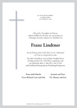 Traueranzeige von Franz Lindtner