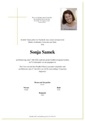 Traueranzeige von Sonja Samek