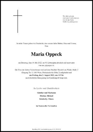Traueranzeige von Maria Oppeck