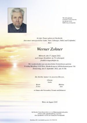 Traueranzeige von Werner Zohner