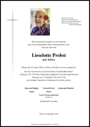 Traueranzeige von Lieselotte Probst