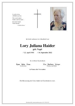 Traueranzeige von Lory Juliana Haider