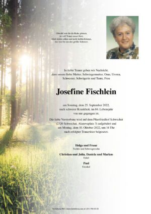 Traueranzeige von Josefine Fischlein