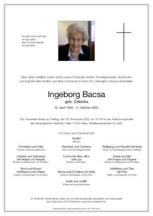 Traueranzeige von Ingeborg Bacsa