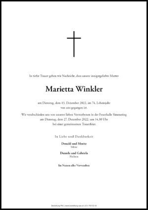 Traueranzeige von Marietta Winkler