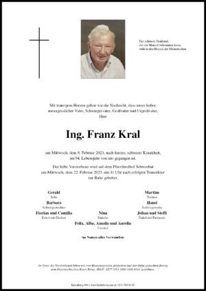 Traueranzeige von Ing. Franz Kral