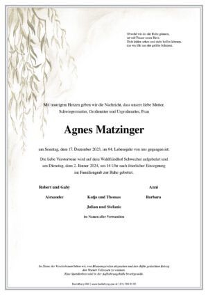 Traueranzeige von Agnes Matzinger
