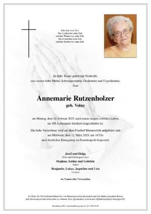 Traueranzeige von Annemarie Rutzenholzer