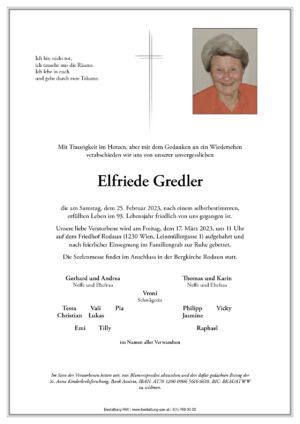 Traueranzeige von Elfriede Gredler