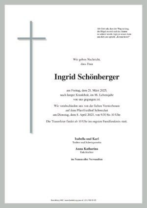 Traueranzeige von Ingrid Schönberger