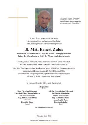 Traueranzeige von Jl. Mst. Ernest Zulus
