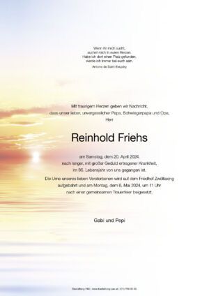 Traueranzeige von Reinhold Friehs