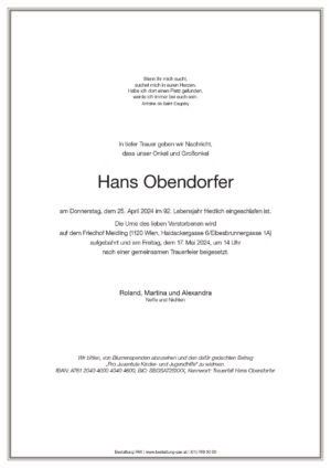 Traueranzeige von Hans Obendorfer