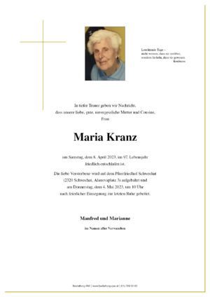 Traueranzeige von Maria Kranz