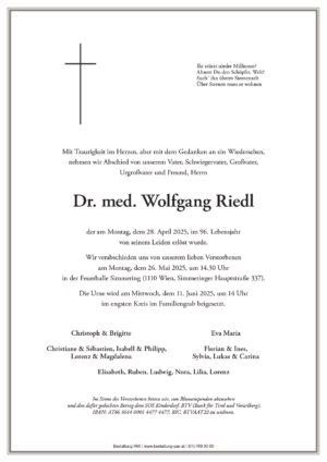 Traueranzeige von Dr. med. Wolfgang Riedl