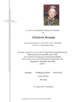 Traueranzeige von Elisabeth Hennigs