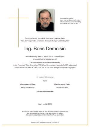 Traueranzeige von Ing. Boris Demcisin