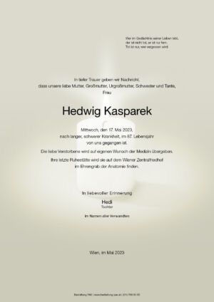 Traueranzeige von Hedwig Kasparek