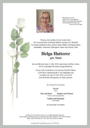 Traueranzeige von Helga Hutterer