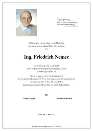 Traueranzeige von Ing. Friedrich Nemec