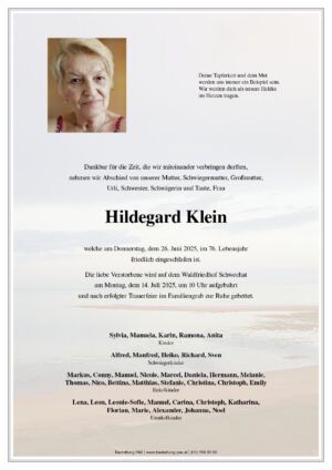 Traueranzeige von Hildegard Klein