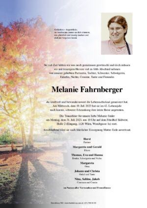 Traueranzeige von Melanie Fahrnberger