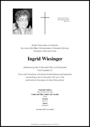 Traueranzeige von Ingrid Wiesinger