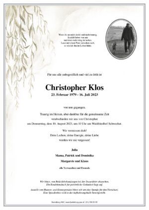 Traueranzeige von Christopher Klos