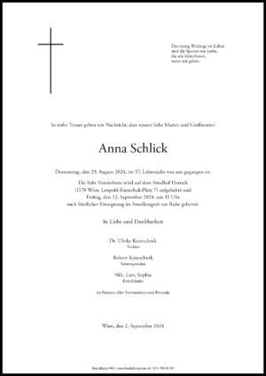 Traueranzeige von Anna Schlick