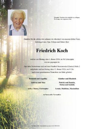Traueranzeige von Friedrich Koch