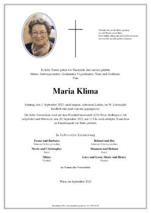 Traueranzeige von Maria Klima