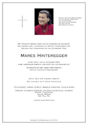 Traueranzeige von Mares Hinteregger
