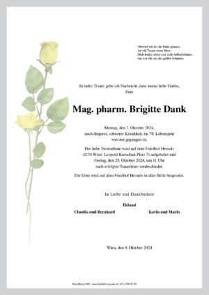 Traueranzeige von Mag. pharm. Brigitte Dank