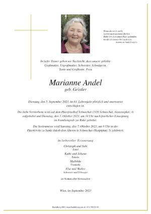 Traueranzeige von Marianne Andel