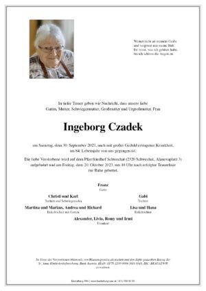 Traueranzeige von Ingeborg Czadek