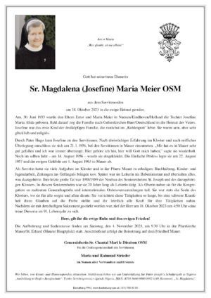 Traueranzeige von Sr. Magdalena (Josefine) Maria Meier OSM