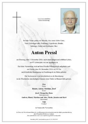 Traueranzeige von Anton Pressl