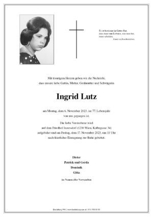Traueranzeige von Ingrid Lutz