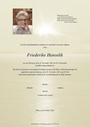 Traueranzeige von Friederike Hanselik