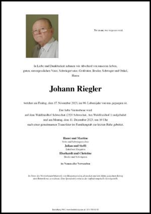Traueranzeige von Johann Riegler