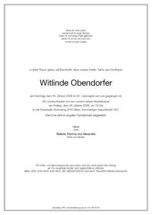 Traueranzeige von Witlinde Obendorfer
