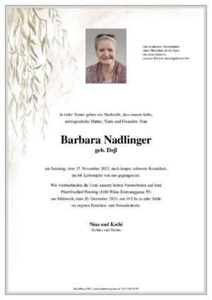Traueranzeige von Barbara Nadlinger
