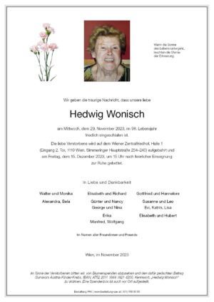Traueranzeige von Hedwig Wonisch