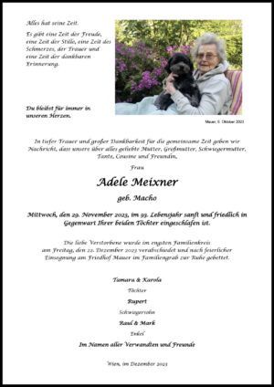 Traueranzeige von Adele Meixner