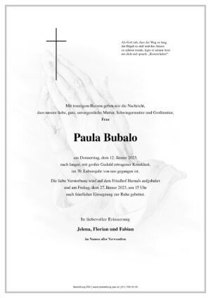 Traueranzeige von Paula Bubalo