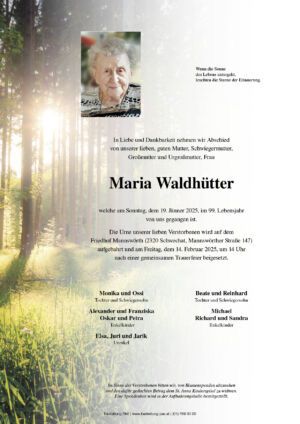 Traueranzeige von Maria Waldhütter