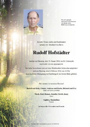 Traueranzeige von Rudolf Hofstädter