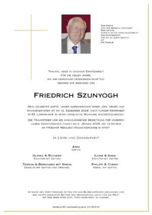 Traueranzeige von Friedrich Szunyogh